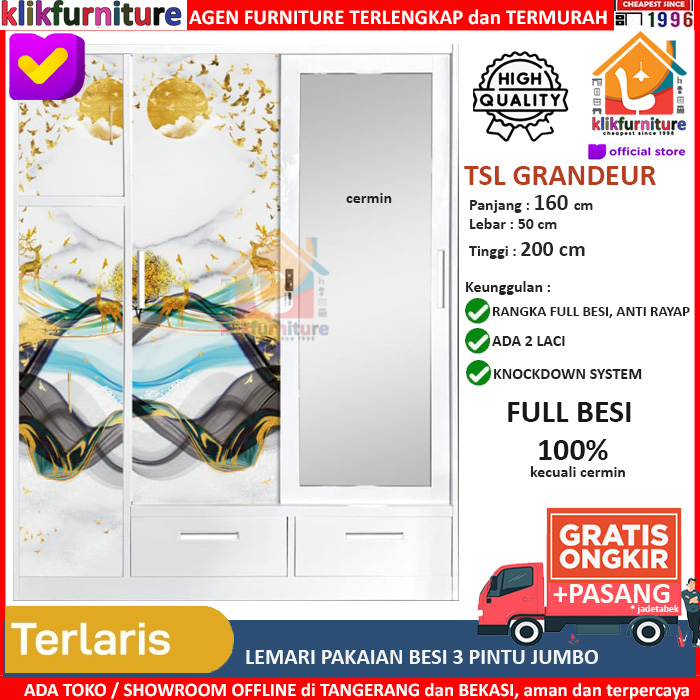 KLIKFURNITURE XTRA LARGE Lemari Pakaian Besi 3 Pintu Sliding Cermin Laci TSL 200 GRANDEUR