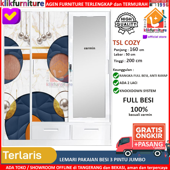 KLIKFURNITURE XTRA LARGE Lemari Pakaian Besi 3 Pintu Sliding Cermin Laci TSL 200 COZY