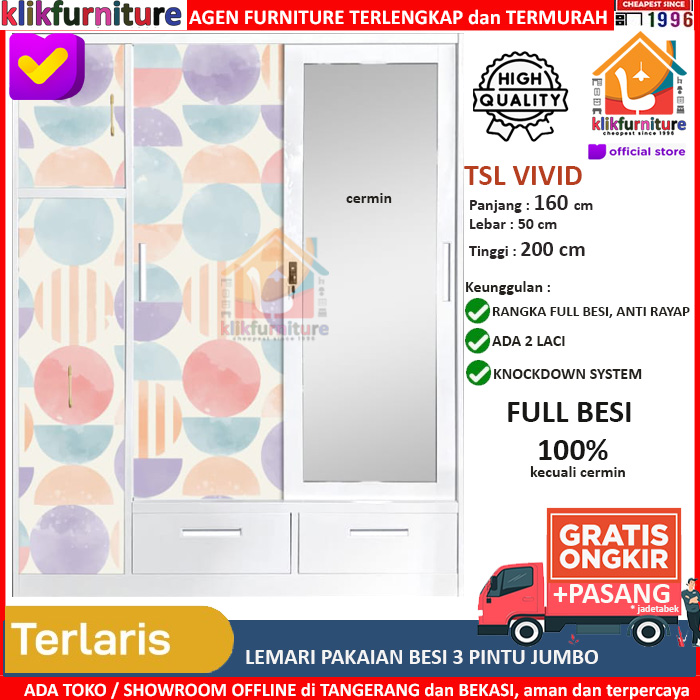 KLIKFURNITURE XTRA LARGE Lemari Pakaian Besi 3 Pintu Sliding Cermin Laci TSL 200 VIVID